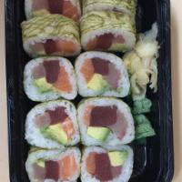 Tiger Roll · Avocado, salmon and yellowtail and tuna wrapped with soy bean seaweed.