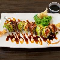 Super Dragon Roll · Shrimp Tempura and Cucumber. Eel and Avocado with eel sauce on the top.