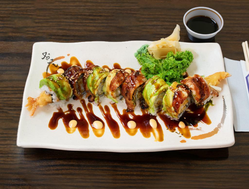 Super Dragon Roll · Shrimp Tempura and Cucumber. Eel and Avocado with eel sauce on the top.
