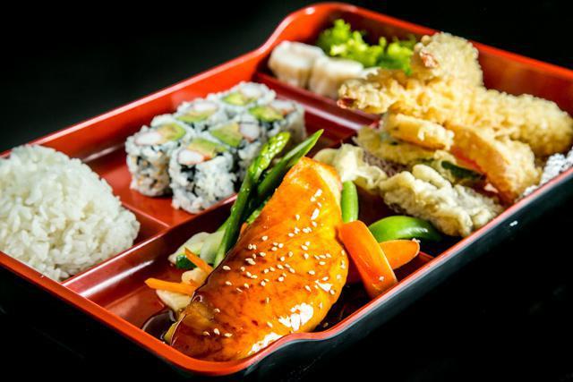 Bento Box · Choice any 2 items. Served with Miso soup, Salad, Rice and 1 California roll.