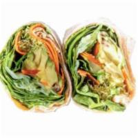 Veggie Wrap Sandwich · Fresh mozzarella, lettuce, avocado, green apple, green grape, cucumber, mix greens, pesto ma...