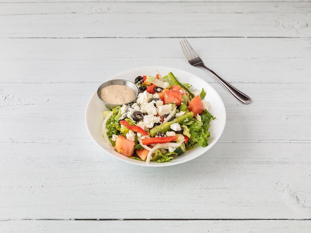 Greek Salad · Romaine lettuce, tomato, cucumber, peppers, onions, feta cheese and black olives.