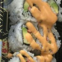 Spicy California · Crab stick, cucumber, avocado and top with spicy mayonnaise.