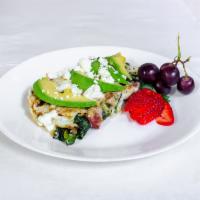 The Supreme Omelette Platter · Egg whites, avocado, spinach, goat cheese, Turkey bacon, and onions. Served with home fries ...