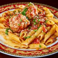 Ziti with Tomato Sauce and Meatball · Served with bread and butter.