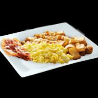 Farmer's Breakfast · Scrambled eggs, bacon, home fries, sliced fruit, toast.