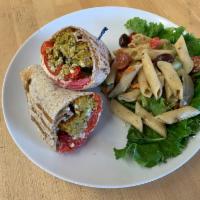 Cafe Med  · Baked falafel, feta, red peppers, pickled onions, Greek yogurt and dill in a multigrain wrap.