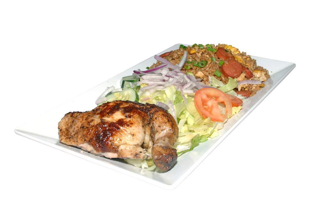1/4 Pollo a La Brasa con Arroz Frito y Ensalada  · 1/4 chicken with fried rice and salad.