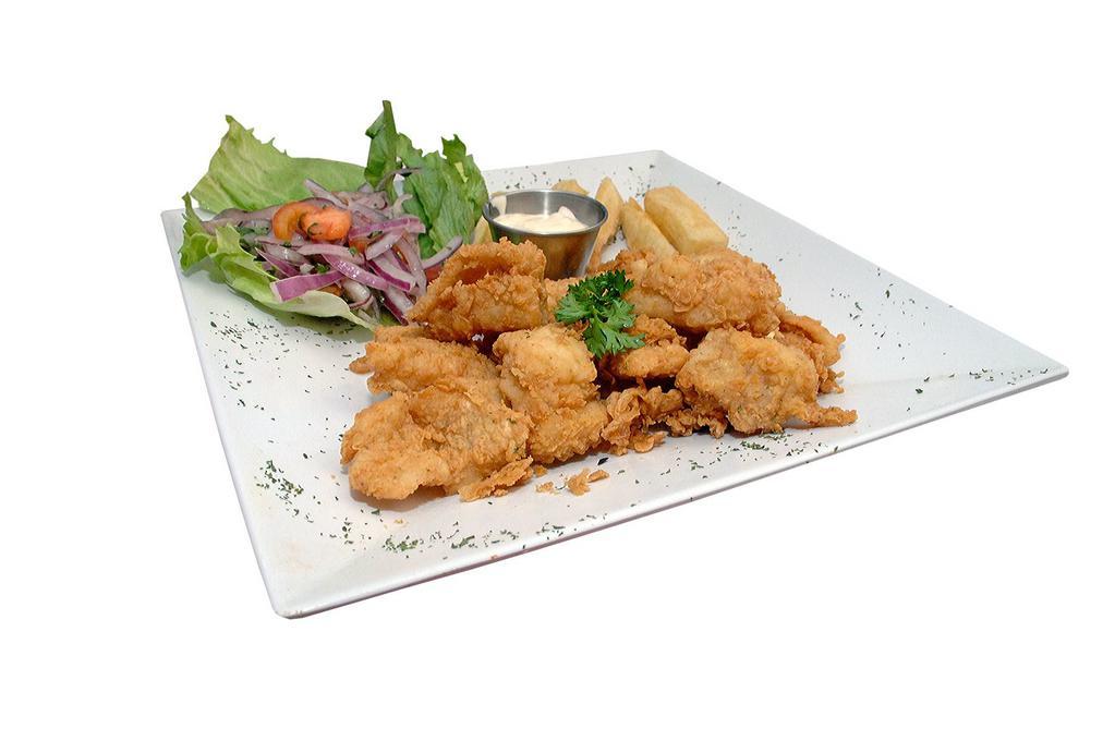 Chicharrón de Pescado · Peruvian Fried Fish Fritters Served with Peruvian Creole Salad and Fried Cassava.