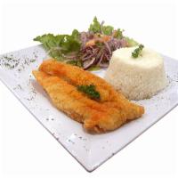 Pescado Frito · Fried fillet fish served with white rice, golden fried potato and peruvian onion salad.