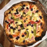 Quattro Stagioni Pizza · Ham, roasted peppers, olives and artichokes.