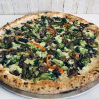 Vegetarian Pizza · Spinach, broccoli, mushroom, peppers, whole milk mozzarella and garlic crust.