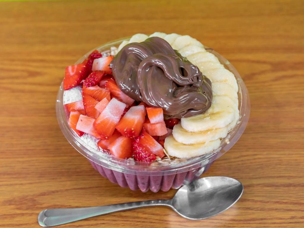 76. Bella Nutella Acai Bowl · Acai blended with strawberry, banana, and vanilla, yogurt, milk, or almond milk. Toppings; granola, coconut shavings, strawberry, banana, and Nutella.