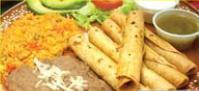 2. Flautas · 5 flautas acompanadas con arroz, frijoles, ensalada, crema y salsa. 5 rolled chicken taquitos served with a side of rice, beans, salad, sour cream and salsa.