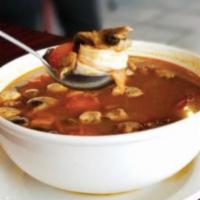 Tom Yum Chicken Soup  · Thai spicy hot and sour soup with meat, tomato and mushroom.