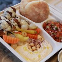 Cauliflower Platter · Our Famous Cauliflower Shawarma, Hummus, Egyptian Salata Baladi, assorted pickles and 3 mini...