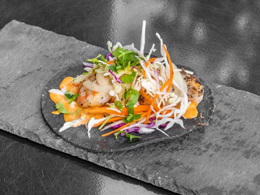 TACO - Camaron  · Shrimp. chargrilled lemon and garlic marinated shrimp, chipotle baja aioli, cabbage and carrot slaw.