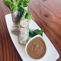 Fresh Spring Rolls  · Rice paper with choice of protein, vermicelli rice noodles, bean sprouts, mint leaf, thai ba...