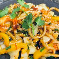 Woked Spicy Udon Noodles with Shrimp  · 