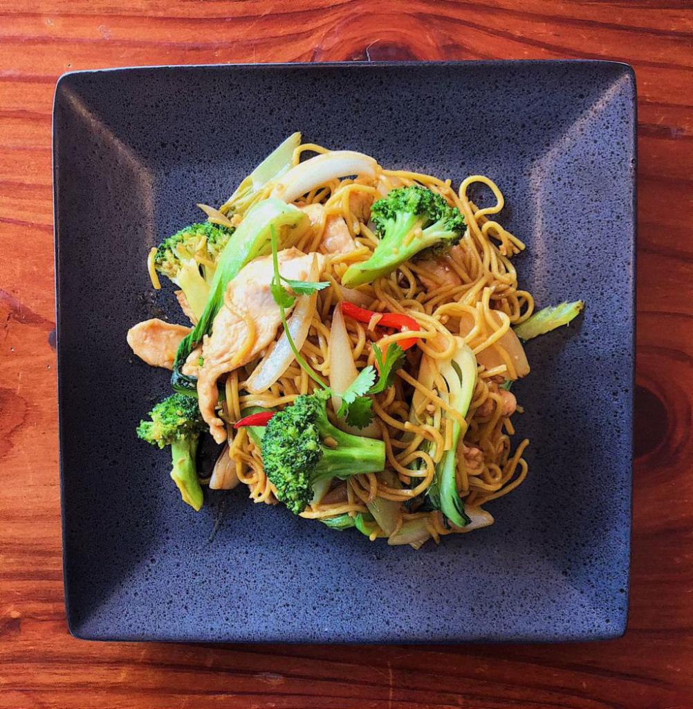 Wok Soba Noodles · Stir-fry noodles with protein of choice, mushrooms, bok choy, broccoli, white onion, bell peppers, and celery coated in rich and savory house oyster sauce.