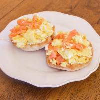 Smoked Salmon Scramble Sandwich Breakfast · Cooked to order and requires 25-30 minutes. Comes on a sourdough English muffin.