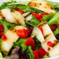 Goat Cheese Salad · Mixed baby greens, roasted red peppers, grilled apple in a balsamic vinaigrette.