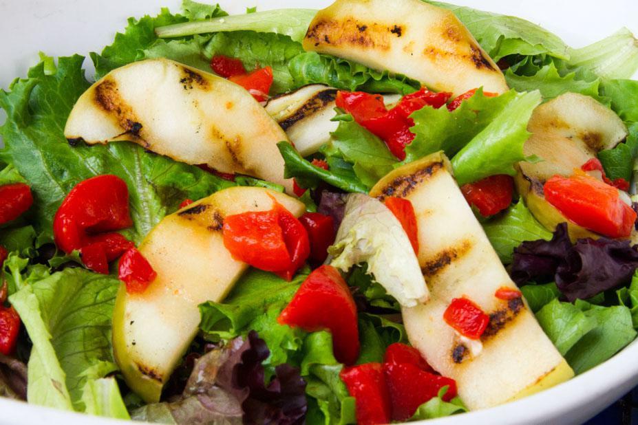 Goat Cheese Salad · Mixed baby greens, roasted red peppers, grilled apple in a balsamic vinaigrette.