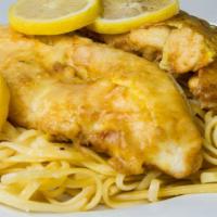Chicken Francaise · Sauteed chicken, dill butter wine sauce, rice or potato and choice of vegetable. Served with...