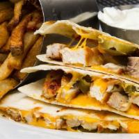 Chicken Quesadilla · Grilled chicken, cheddar mix, jalapenos and french fries.