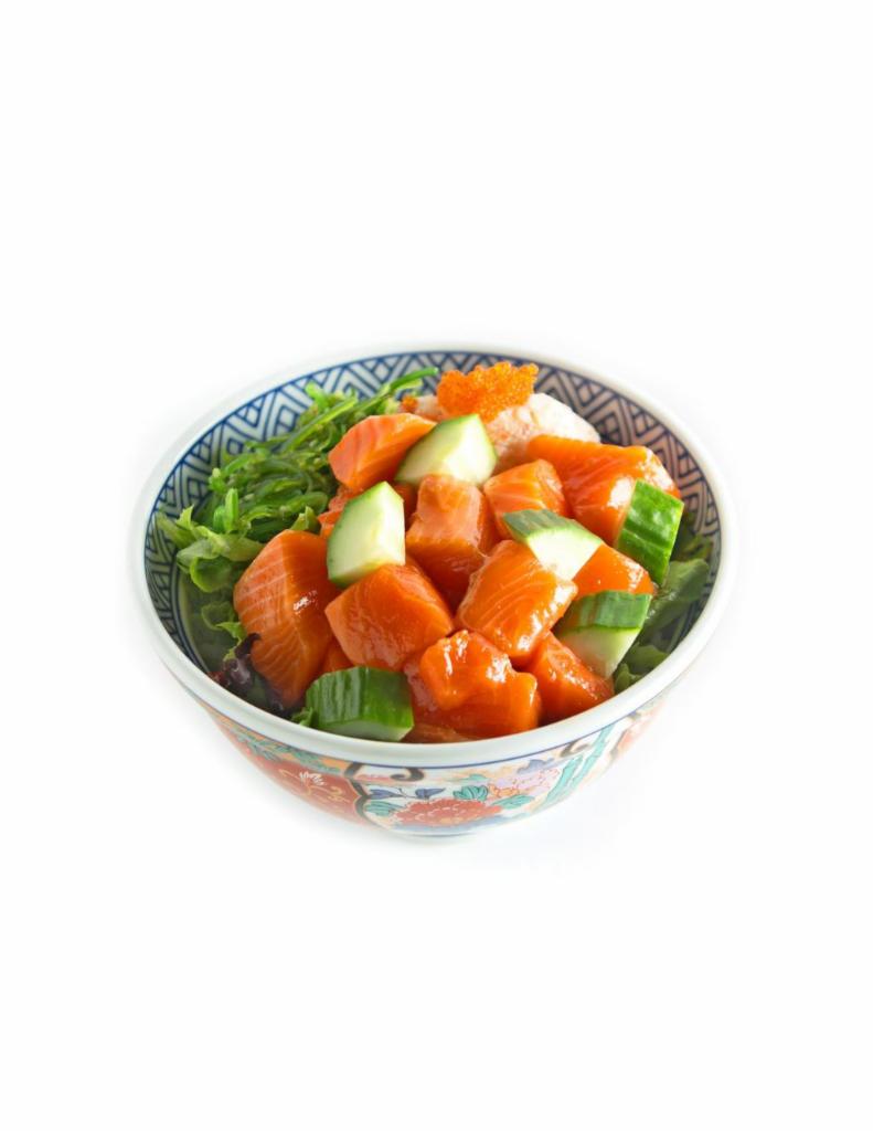 Salmon Poke · Salmon, seaweed salad, cucumber, and masago. With the choice of sauce yuzu Japanese citrus soy or sweet spicy.