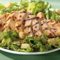 Grilled Chicken Salad · Fresh grilled chicken breast strips served atop chopped romaine, black olives, chopped tomat...