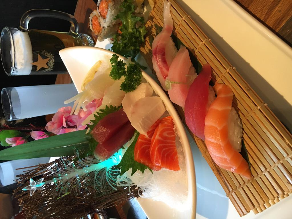 Sushi and Sashimi for 1 · 8 pieces of sashimi, 4 pieces of sushi and spicy salmon roll.
