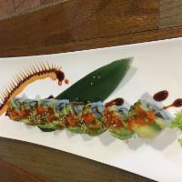 Dragon Roll · Eel and cucumber, topped with avocado and tobiko.