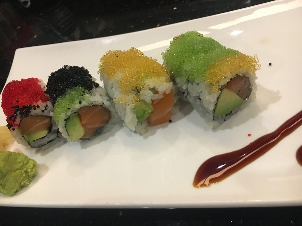 Dancing Caviar Roll · Spicy tuna, avocado, and eel with 4 kinds of caviar on the top.