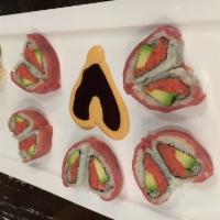Sweet Heart Roll · Spicy tuna, avocado and crunch inside with tuna on top, in a heart shape.