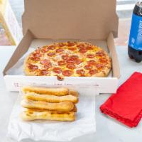 Ready To Go Combo 1 · 1 large round pepperoni or cheese pizza, garlic sticks, and 2 liter soda.
