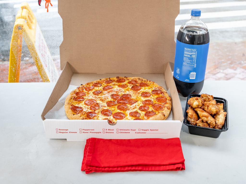 Ready To Go Combo 3 · 1 large round pepperoni or cheese pizza, wings, and 2 liter soda.