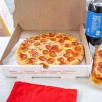 Ready To Go Combo 4 · 1 large round pepperoni or cheese pizza, P.C bread, and 2 liter soda.