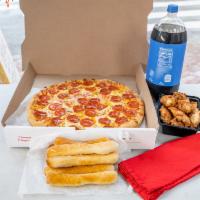 Ready To Go Combo 5 · 1 large round pepperoni or cheese pizza, garlic sticks, wings, and 2 liter soda.