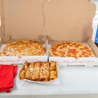 Ready To Go Combo 10 · 1 large round cheese pizza, large round pepperoni pizza, garlic bread, wings, and 2 liter so...
