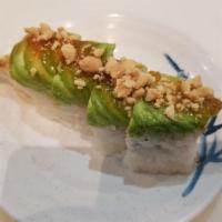 Scorpion Roll · 4 pieces. Crab salad, shrimp tempura, topped with avocado, sweet chili sauce, and peanuts.