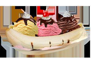 BANANA SPLIT · 3 scoops of desired ice cream, 1 natural fresh banana, strawberry jelly, Hershey Chocolate S...