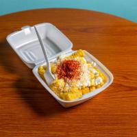 CORN IN A PLATE CUT - ELOTE EN CAJA CORTADO · Cup up Steamed Corn on the cob with Mayo, Cotija Cheese, Margarine and Power Sauce. 
Elote C...