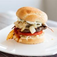 Jalapeno Cream Cheeseburger · Jalapeno cream cheese, bacon, lettuce, tomato, grilled onions, and jalapeno ranch served on ...
