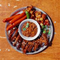 All In One Platter · One rack of smoked baby back ribs. Four hot links or hot dogs. Six wings. One savory chili, ...