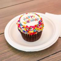 The Birthday Cupcake · Confetti cake with vanilla buttercream frosting topped with sprinkles and an edible happy bi...