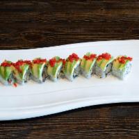 Dragon Roll · Inside: eel and cucumber. Outside: avocado, tobiko and eel sauce.