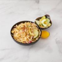Pad Thai · Thai style flat noodle with bean sprout, scallion, egg, sprinkle grounded peanut and lime. S...