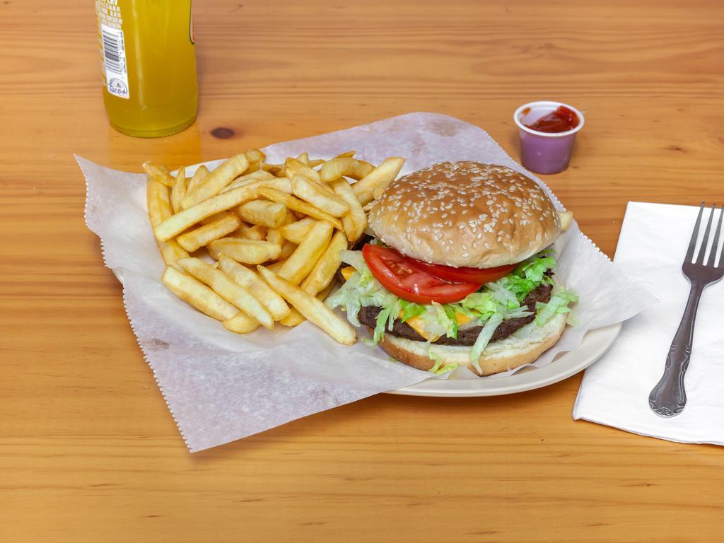 Cheeseburger with Fries  · Lettuce, tomato, mayonnaise, onions,cheddar cheese, pickles, mustard, ketchup.