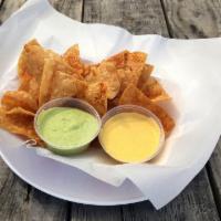 Bajanese Chips · Sea salt & chili powder corn chips, served with Cool Creamy Avocado and Sweet & Fiery Mango ...